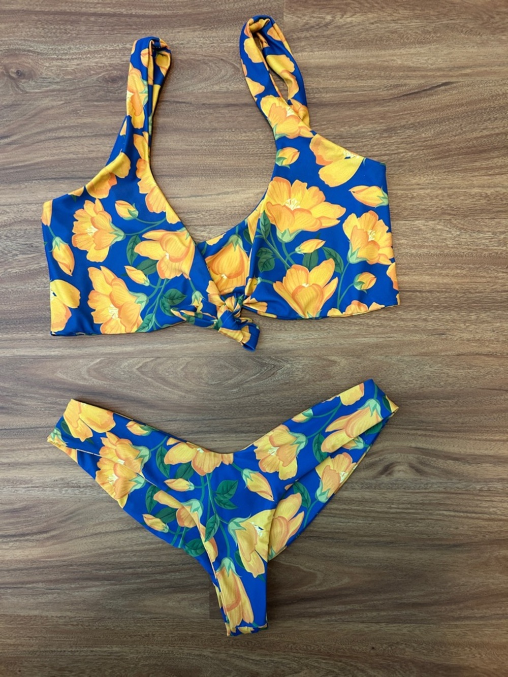 Blue Floral Two-Piece Swimsuit with Yellow Poppy Flower Print. Size L